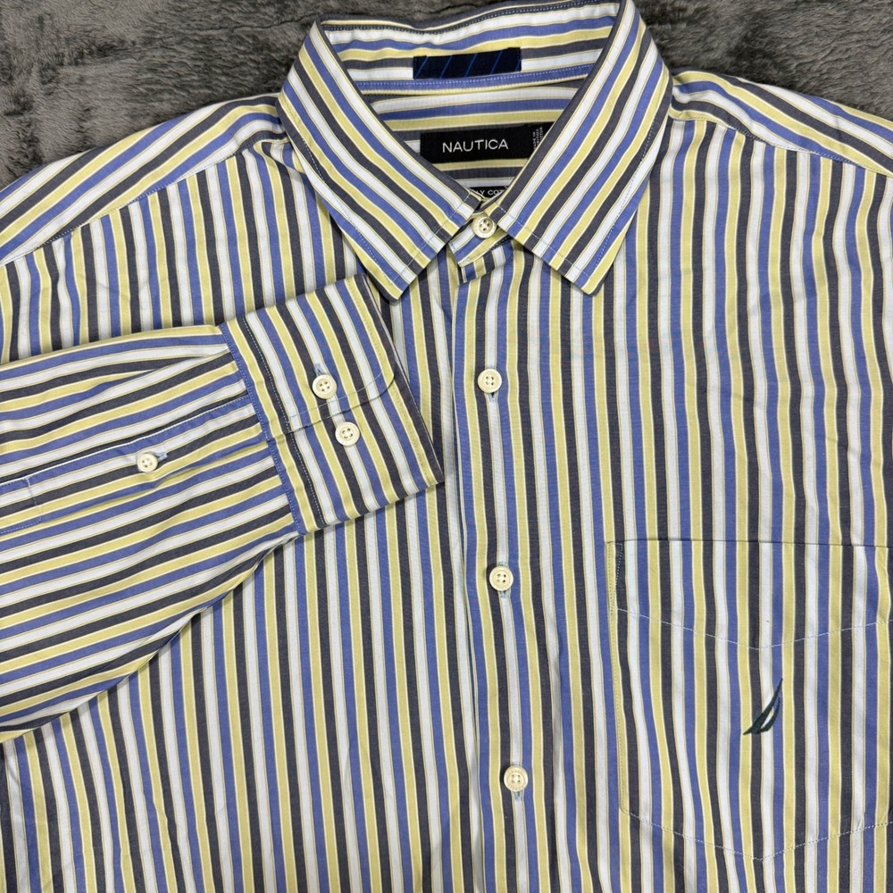 Nautica‎ Button Down Shirt Mens L Blue Yellow Striped Long Sleeve 100s Cotton